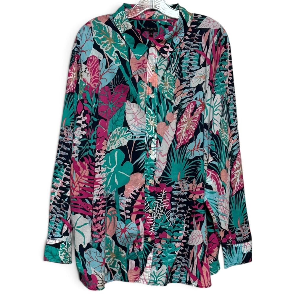Talbots Cotton Long Sleeve Button Up Blouse Top Colorful Tropical 4X